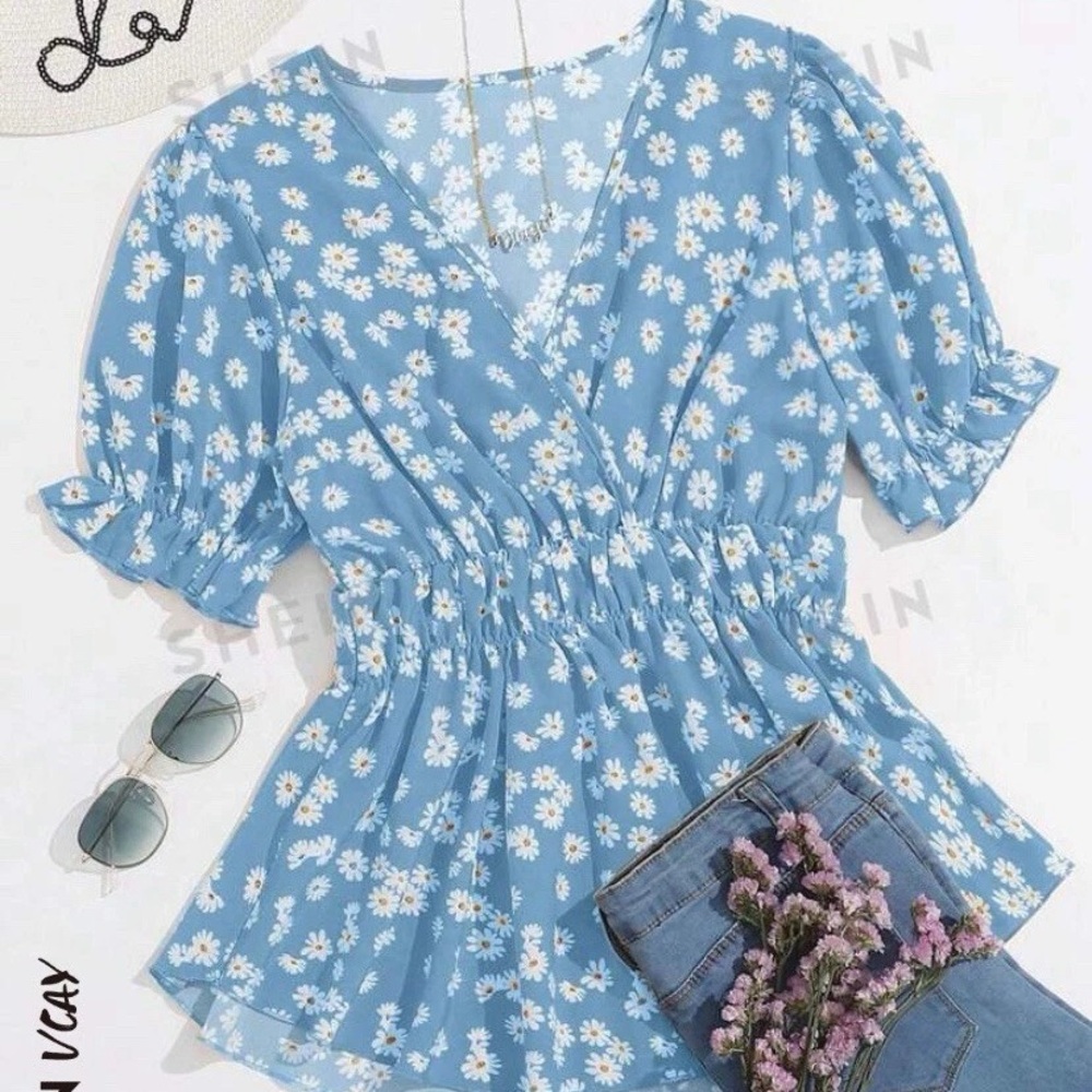 SHEIN Floral Blue Blouse with V-Neck